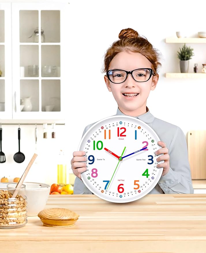 Kids Wall Clock: Telling Time Teaching Wall Clocks Silent Non-Ticking Clocks Battery Operated, Rustic Farmhouse Modern Clock Decorative for Kitchen Living Room Bedroom (10 Inch)