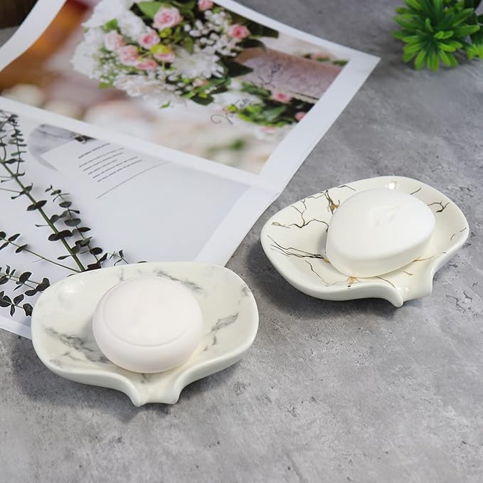 White Marble Texture Soap Dish Ceramic Soap Holder Self Draining Soap Dish Waterfall Slot Sponge Holder Bathroom Accessories for Bathroom, Kitchen,Bar Counter.