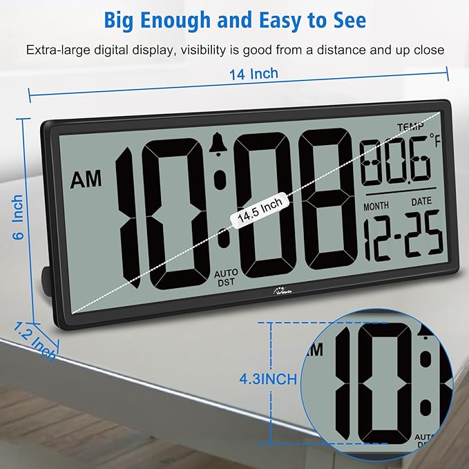 WallarGe Backlight Digital Wall Clock Battery Operated - with Temperature and Date 14.5'' Large Digital Wall Clock, Easy to Read and Set, Auto DST