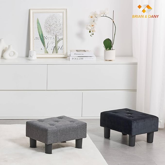 BRIAN & DANY Small Foot Stool, Linen Foot Stools with Legs, Stable Small Footstool for Living Room, Grey