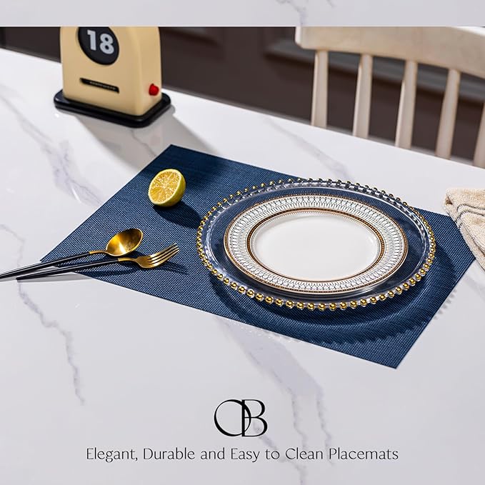 Placemats Set of 8 - Easy Clean Woven Vinyl Placemats for Dining Table, Indoor/Outdoor Place Mats, Washable PVC Table Mats(Navy Blue)