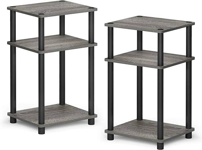 Furinno Just 3-Tier Turn-N-Tube End Table / Side Table / Night Stand / Bedside Table with Plastic Poles, 2-Pack, French Oak Grey/Black