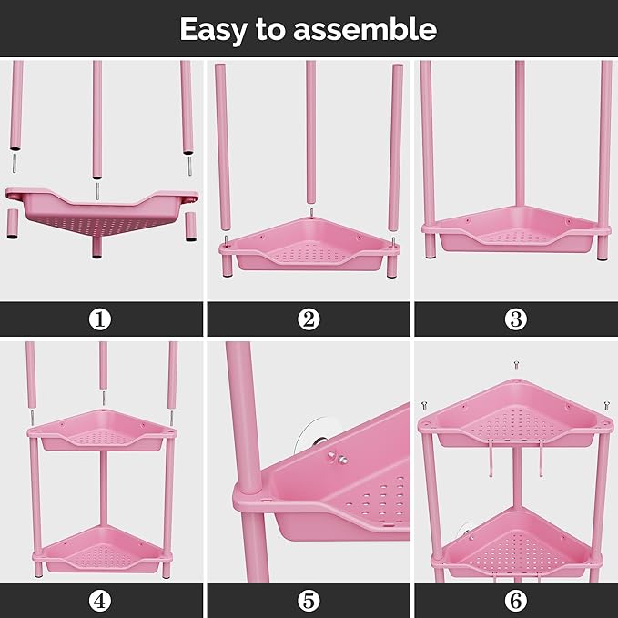 Orimade Rustproof 5 Tier Floor Standing Corner Shower Caddy Organizer, Plastic Metal Splicing Floor Corner Shelf Rack Stands for Bathroom, Pink