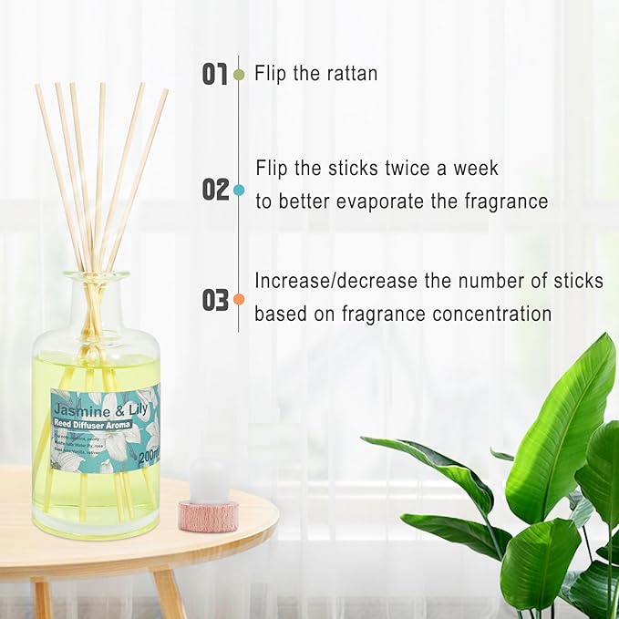 Reed Diffuser Set - 200ml Jamine & Lily Essential Oil Set Includes Rattan Sticks, 6.8fl oz Flower Aroma, Large Glass Bottle, Bathroom Air Freshener, Home Fragrance for Shelf Room Decor
