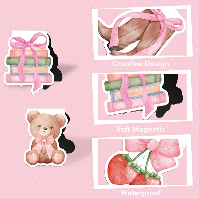 Pink Bows Coquete Magnetic Bookmarks: 12 Pcs Cute Pink Bow Magnet Book Marks, Pretty Book Markers Page Clips for Reading, Gifts for Women Girls Students Book Lovers Office School Supplies
