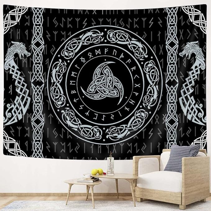Viking Art Tapestry, Raven Ancient Rune Dragon Totem Norse Mythology Tapestries, Black White Mystical Geometric Norse Mythology Tapestry Wall Hanging for Living Room Bedroom Decor, 80x60
