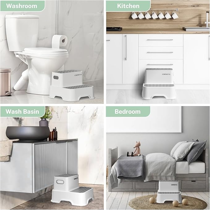 2 Step Stools for Kids,Toddler Step Stool for Bathroom Sink,No-Slip Double up Step Stool for Toddlers Bathroom, Multifunctional Toilet Step Stool for Kids,Toilet Potty Training(2 Packs)