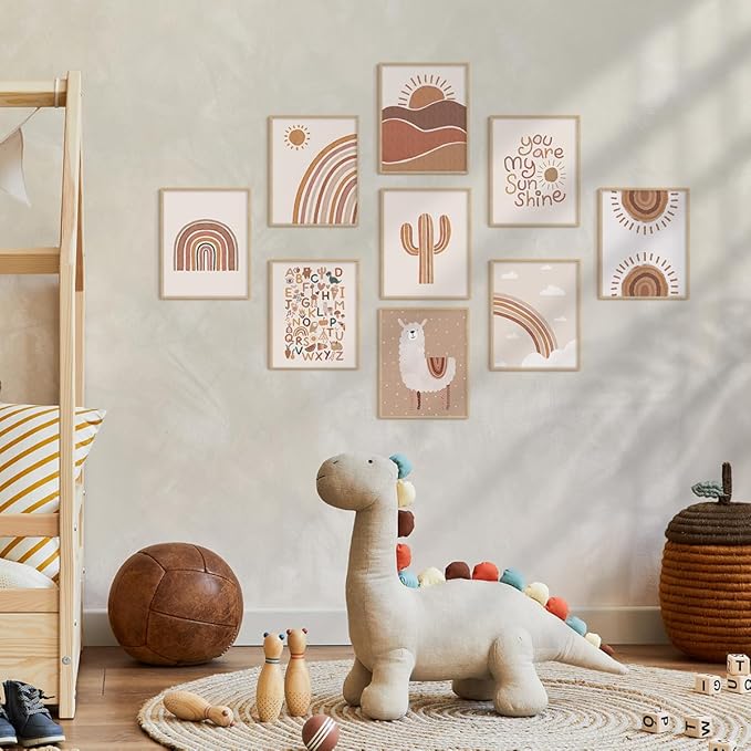Canssape Set of 9 Baby Boho Nursery Wall Art 8"x10" Kids Room Poster Prints Rainbow Decor Safe Non-toxic Green Warm Sweet Bedroom Unframed