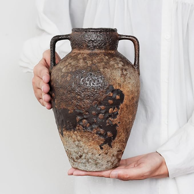 Ceramic Rustic Farmhouse Vase with 2 Handles, Brown 10" Vintage Distressed Clay Flower Vase, Pottery Terracotta Handmade Decor for Home Living Room Table Centerpiece