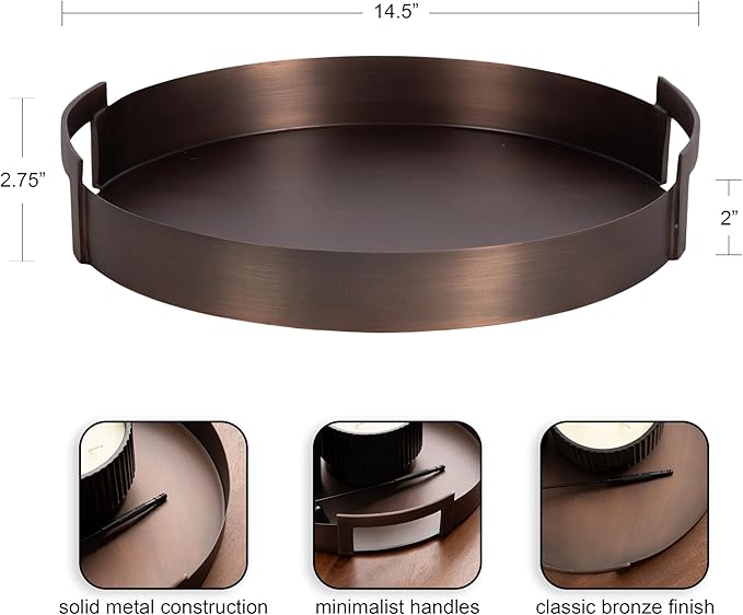 Kate and Laurel Myo Transitional Metal Round Tray, 15 Inch Diameter, Bronze, Modern Glam Circular Decorative Serving Tray with Handles for Use as Living Room Ottoman Table or Entryway Tray Decor
