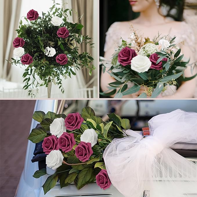 Artificial Flowers White Roses Real Looking Foam Fake Roses with Leaves and for DIY Wedding Bouquets Bridal Shower Centerpieces Party Decorations (Wine red & White, 50)
