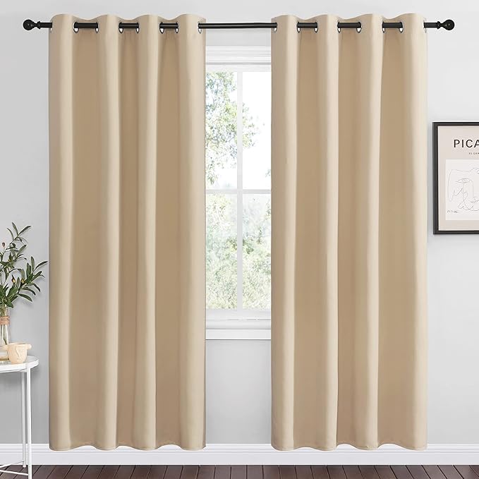 NICETOWN Blackout Curtains Panels for Bedroom, 2 Panels, 52 x 70 Inch, Biscotti Beige, 3 Pass Microfiber Noise Reducing Thermal Insulated Solid Ring Top Blackout Window Drapes