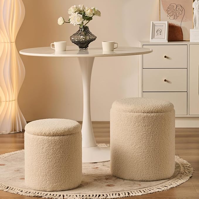 Round Ottoman with Storage Set of 2-Upholstered Velvet Vanity Stool for Makeup Multifunctional Ottomans Coffee Table Padded Seat Foot Rest for Living Room&Bedroom (Cream)