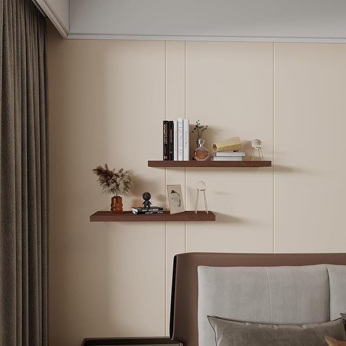 Floating Shelves 24 Inch Wall Shelf Solid Wood Mounted Storage for Bedroom Living Room Set of 2, Rustic Brown Wall Shelves