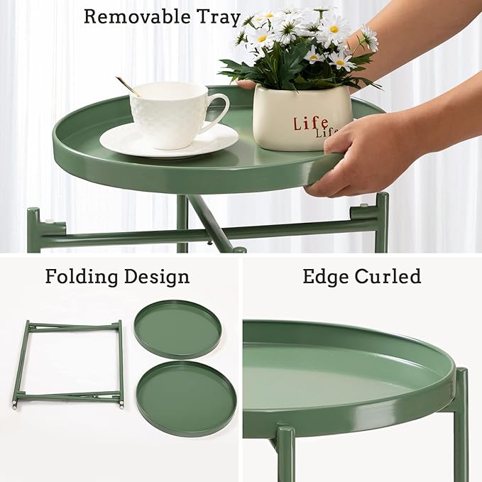 TeoKJ 2 Tier Green Side Table, Folding Round Metal End Table Small Nightstand with Two Removable Tray for Bedroom Living Room Bedside Small Spaces Dark Green