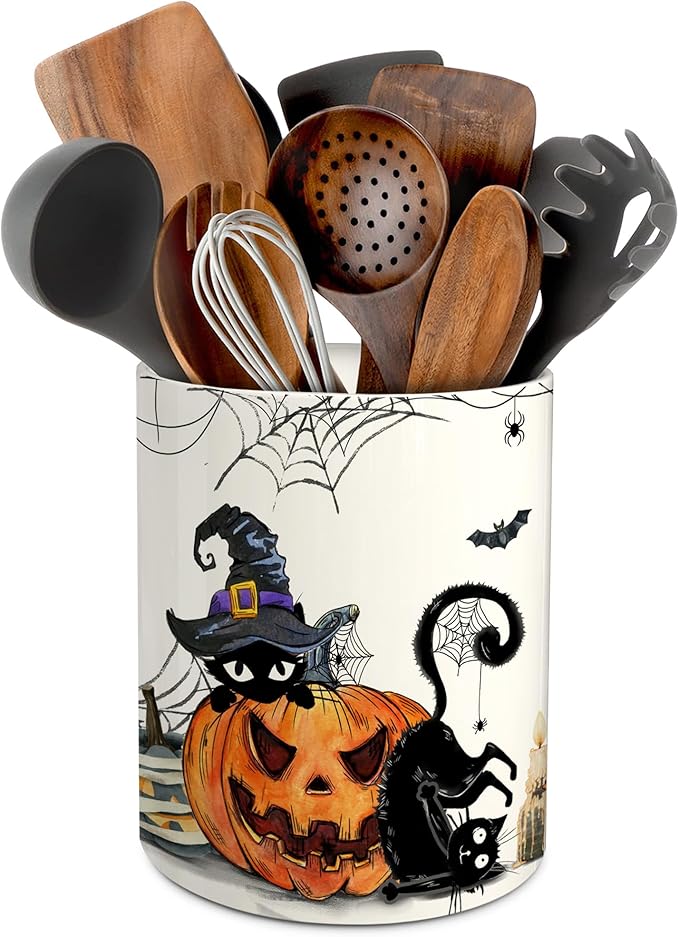 pinata Halloween Kitchen Decor Ceramic Utensil Holder, Cute Halloween Cat Pumpkin Utensils Holder, Ceramic Utensils Crock for Rustic Farmhouse Indoor Kitchen Decorations(6.3 Inches)