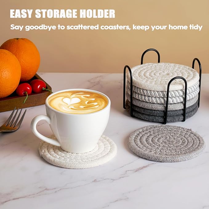 Adorever 8 Pcs Round Cotton Boho Coasters Set with Holder, Gray, 4.3 Inch