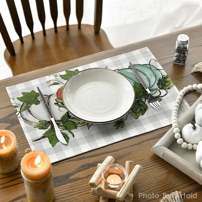 Artoid Mode Buffalo Plaid Pumpkins Leaves Fall Placemats Set of 4 for Table Runner, Kitchen Dining Table Decoration for Indoor Party 12x18 Inch