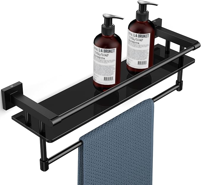 Glass Shelf for Bathroom 20 Inch Bathroom Shelves with Towel Bar Tempered Glass Shelves with Stainless Steel Towel Holder for Wall (All Matte Black)