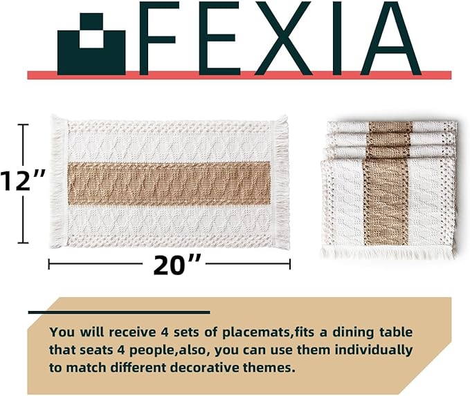 FEXIA Boho Placemats Set of 4, Macrame Table Decor Farmhouse Style Placemats in Natural Cotton Burlap, for Kitchen and Dining Table Centerpiece Home Decorations
