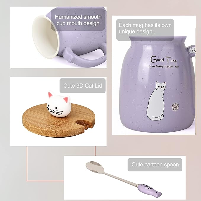SHENDONG Cute Cat Mug - Kawaii Kitty Lid & Spoon, 15OZ, Japanese Style, Purple