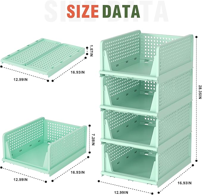 Closet Organizer, 4 Pack Stackable Storage Bins for Closet Shelves, Plastic Storage Drawers Basket Weekly Clothes Organizer for Kids(4L)(Green)