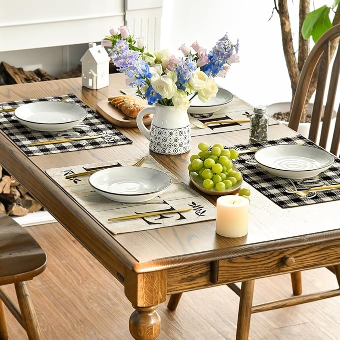 Artoid Mode Love Family Home Together Buffalo Plaid Placemats Set of 4, 12x18 Inch Farmhouse Table Mats Party Kitchen Dining Decoration