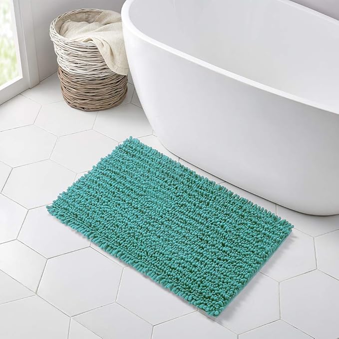 Walensee Bathroom Rug Non Slip Bath Mat (36x24 Inch Turquoise) Water Absorbent Super Soft Shaggy Chenille Machine Washable Dry Extra Thick Perfect Absorbant Best Large Plush Carpet for Shower Floor