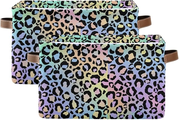 Leopard Storage Basket Fabric Storage Bin Decorative Baskets, Yellow Purple Green Foldable Storage Boxes Organizer Bag for Baby Cloth Dog Toy Book Storage Cubes Shelf Closet Basket 16×12×8 Inches