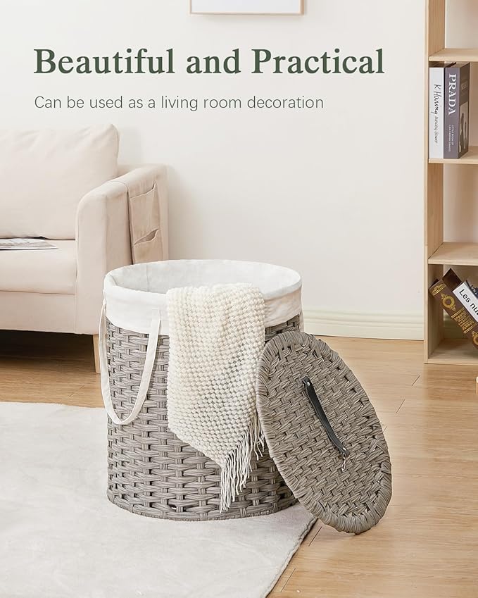 Laundry Hamper with Lid Wicker Laundry Hamper Round 26.5 Gal (100 L) Laundry Basket Handwoven Rattan Laundry Basket with Removable Bag Handles 2 Mesh Bags for Living Room Bedroom Gray