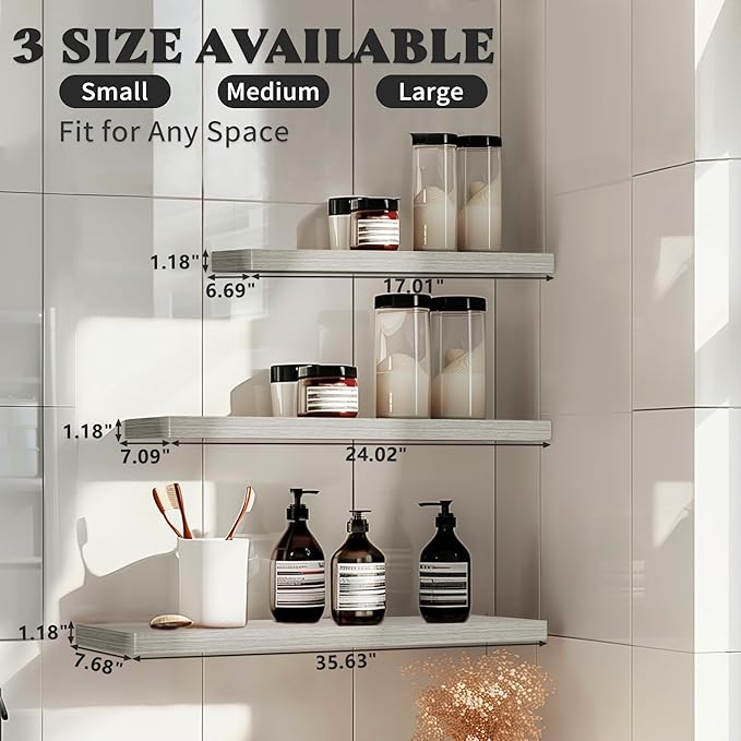 Floating Shelves Set of 2, 17-Inch Wall Mounted Modern Wood Shelves With Invisible Brackets for Bathroom, Living Room, Bedroom and Kitchen, Grey