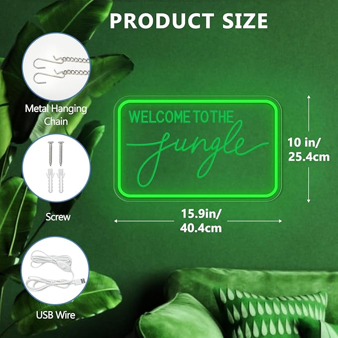 Welcome to The Jungle Neon Sign for Wall Decor, LED Neon Lights Party Decorations, USB Powered Switch Adjustable Brightness LED Neon Lights, for Office Room, Gym Room, Man Cave Decor