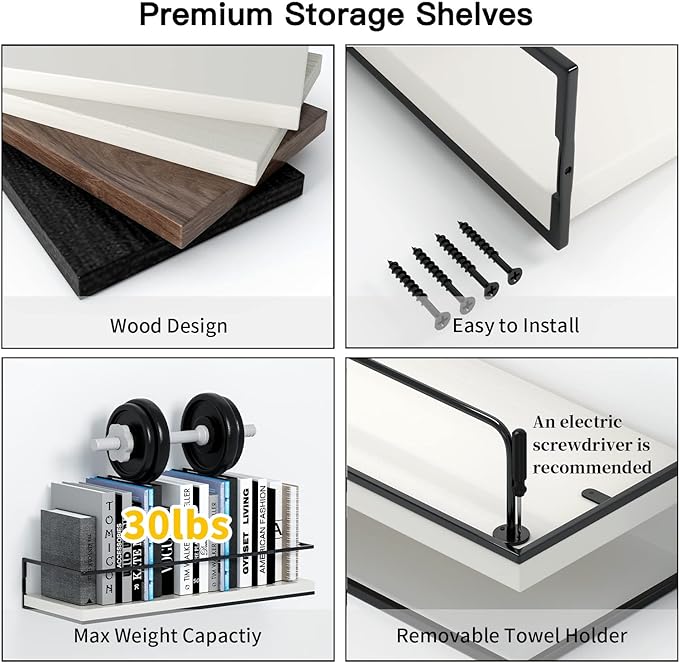 Shario White Floating Shelves - Set of 2, Wall Mounted Hanging Shelves with Black Towel Rack, Decorative Storage Shelves for Bathroom, Kitchen, Living Room & Bedroom (Modern White)