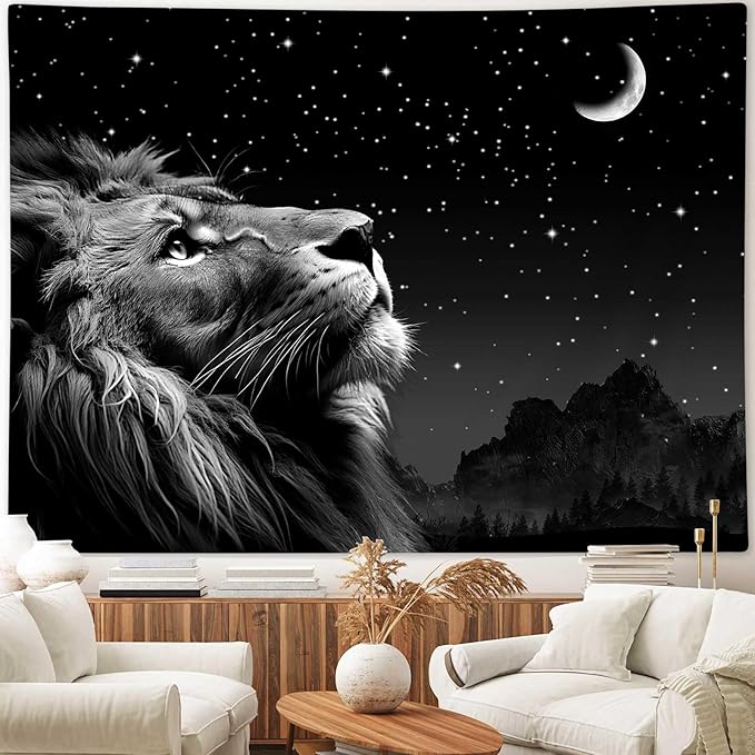 Boziqr Cool Lion Wall Hanging, Space Stars Moon Wall Art for Men, Aesthetic Black Wall Hanging for Bedroom, Living Room, Dorm Room Decor - 60x40 Inches