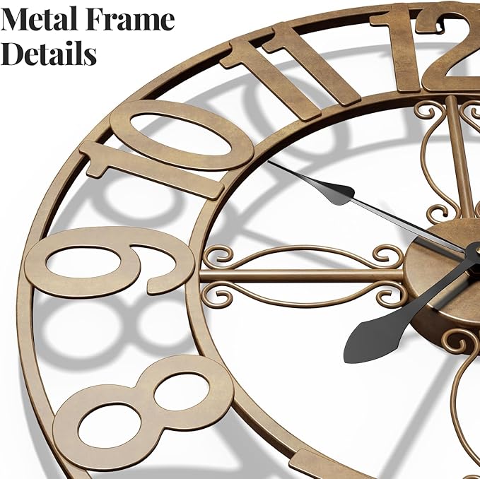 30 Inch Wall Clock, Large Decorative Wall Clock for Living Room, Silent Non-Ticking Battery Operated Metal Round Retro Rustic Arabic Numerals Analog Bronze Clock for Kitchen Mantel Office
