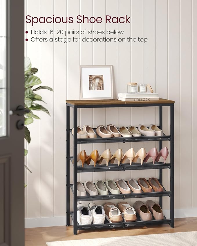 VASAGLE Shoe Rack for Entryway, 5-Tier Shoe Rack Organizer with Storage Shelves and Spacious Top, Freestanding, Adjustable, Industrial, Honey Brown and Ink Black ULBS038K01