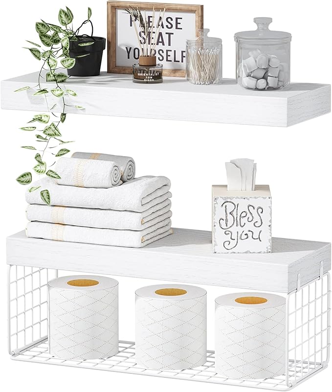 QEEIG White Bathroom Shelves Over Toilet Wall Mounted Floating Shelves Farmhouse Shelf Toilet Paper Storage Small 16 inch Set of 2 (019-W2)