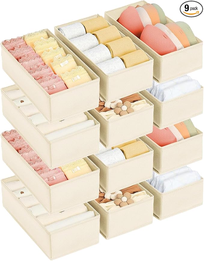 DIMJ Drawer Organizer Clothes - Underwear Organizer Small Sock Organizer Closet Organizers and Storage Box Dresser Drawer Dividers for Baby Clothes,Bra,Socks, Belt, Tie, Set of 12, Beige