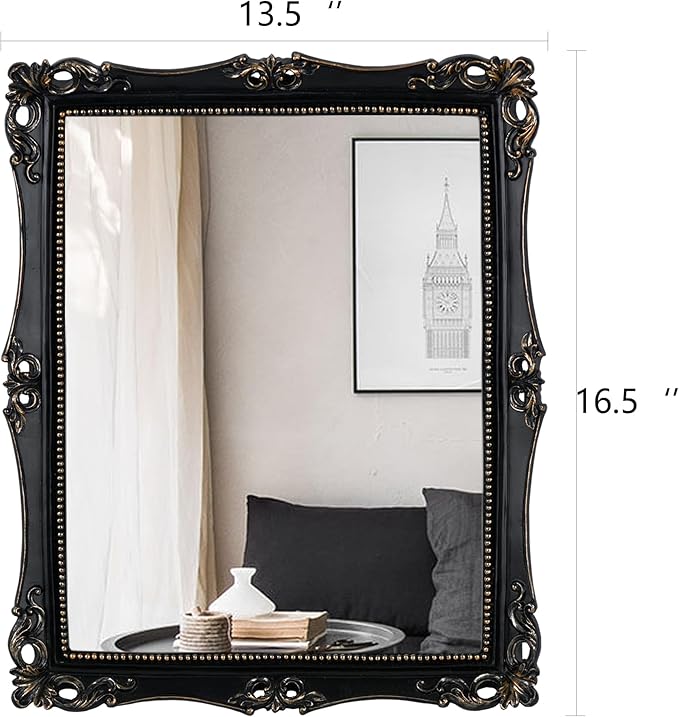 Funerom Vintage Decorative Mirror, Wall Mounted & Tabletop Makeup Mirror ,Square (Black, 16.5 x 13.5 inch)