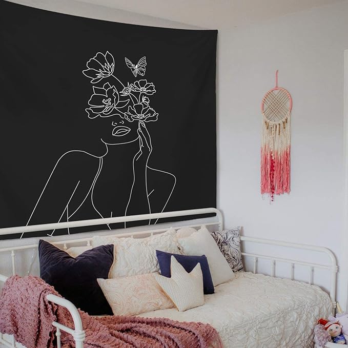 Miytal Art Line Aesthetic Black Tapestry, Simple Women with Flower Butterfly Wall Hanging, Modern Minimalist Abstract Creative Sketch Wall Décor for Dorm Bedroom Living Room – 59.1” x 80” - Black