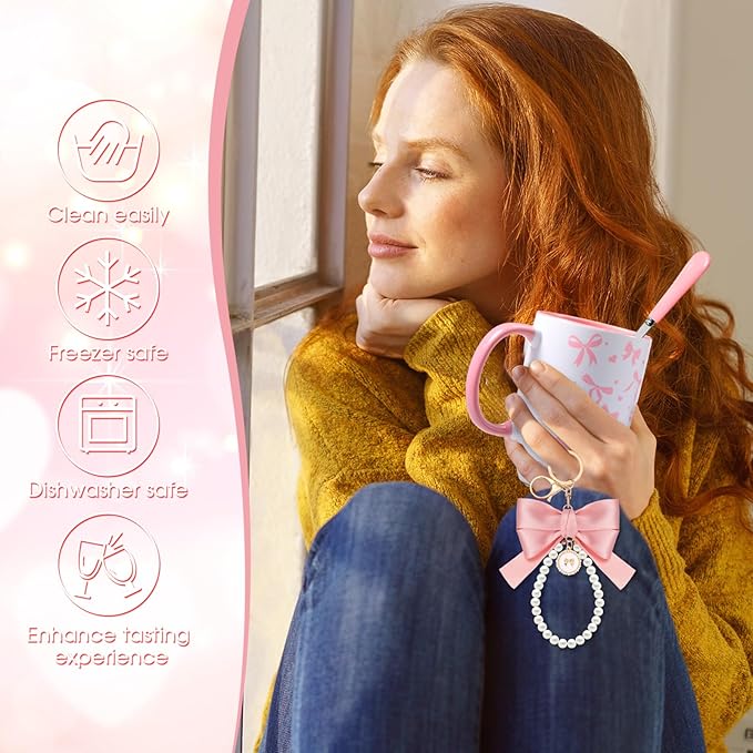 Sliner Pink Coquette Bow Coffee Mug Wedding Bridal Shower Gift Set Engagement Gift Ideas 11oz Aesthetic Ceramic Cup with Bow Keychain and Spoon Preppy Mug for Women Bride Christmas Birthday