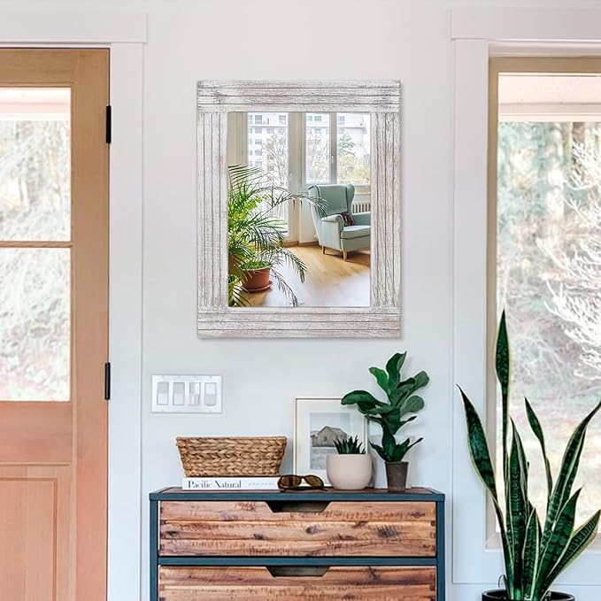 Mirrors for Wall Rustic Wooden Frame Rectangle Mirror Vintage Hanging Mirror for Bedroom Bathroom Living Room Farmhouse Wall Decor White Large 20" x 16 "