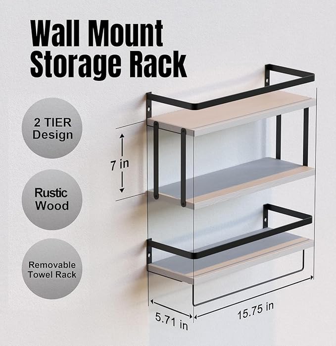 RICHER HOUSE 2+1 Tier Wall Mounted Floating Shelves Set of 2, Rustic Wood Wall Shelf with Metal Frame, Extra Storage Rack for Bathroom, Kitchen, Bedroom with Tissue Rack & Towel Bar - White