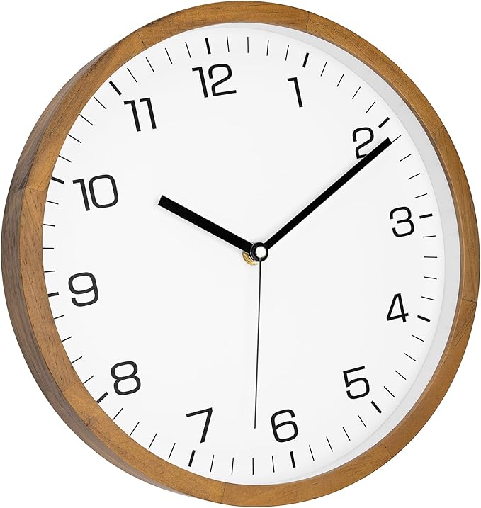 Foxtop Wood Wall Clock 12 Inch Silent Non-Ticking Battery Operated Quartz Round Wooden Wall Clock Decorative for Kitchen Bedroom Living Room Home Office Decor