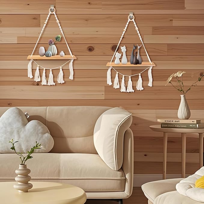 Macrame Wall Hanging Shelves,Boho Decor Floating Shelves Set of 2,Wood Floating Shelves for Wall No Drilling for Plants Photos,Women Girls Bedroom Decor,Living Room (Wooden Two-Pack)