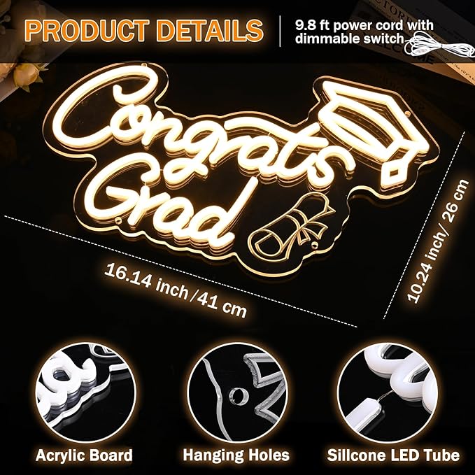 FRAMICS Congrats Grad Neon Sign-10 Adjustable Brightness 2025 Graduation Decorations Lighted Congrats Grad Sign with 9.8 FT USB Power Cord Warm White LED Graduation Sign for Wall Decor Party Backdrop