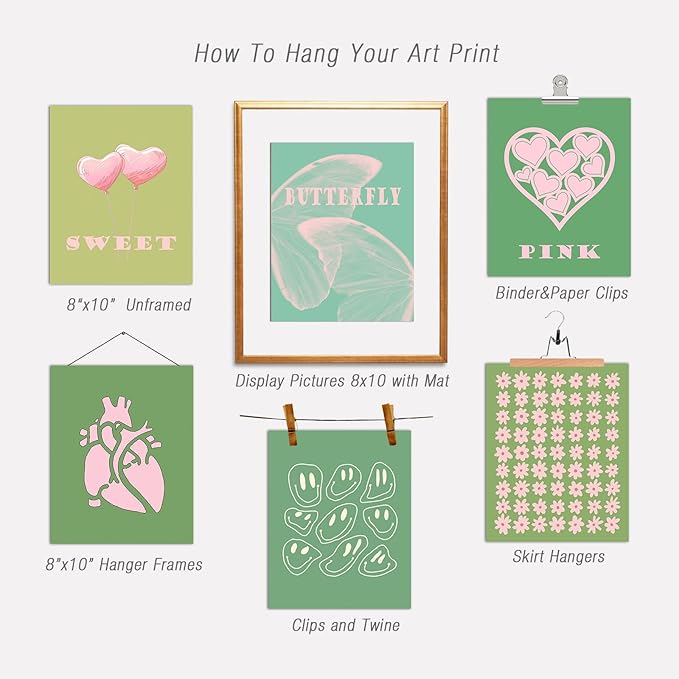 InSimSea Sweet Heart Preppy Wall Decor Aesthetic Wall Pictures for Living Room Pink Green Boho Wall Art Prints Set Danish Pastel Flower Butterfly Wall Posters Collage Abstract Home Decor Bedroom