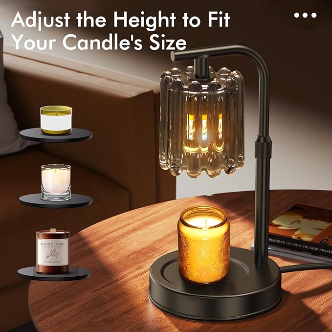 Candle Warmer Lamp with 2 Bulbs, Dimmer Adjustable Height Candle Lamp, 2/4/8H Timer, Home Decor, Candle Warmers for Jar Candles, Thoughtful Gifts for Housewarming, Birthday, Mother's Day, Black