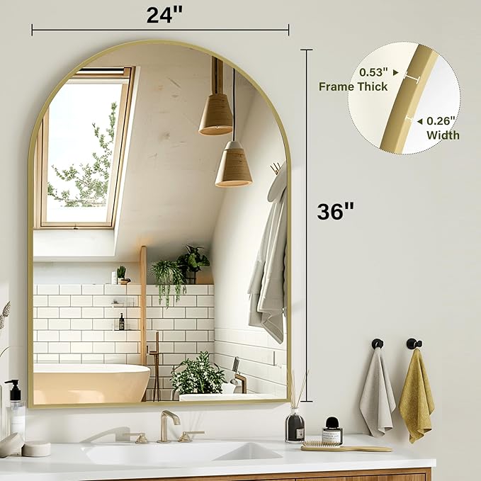 Arch Bathroom Mirror, 24x36 Inch - Wall Mounted Vanity Mirror with Aluminum Alloy Frame - Ideal for Living Room, Bedroom, Bathroom, and Entryway, Hanging or Leaning, Gold