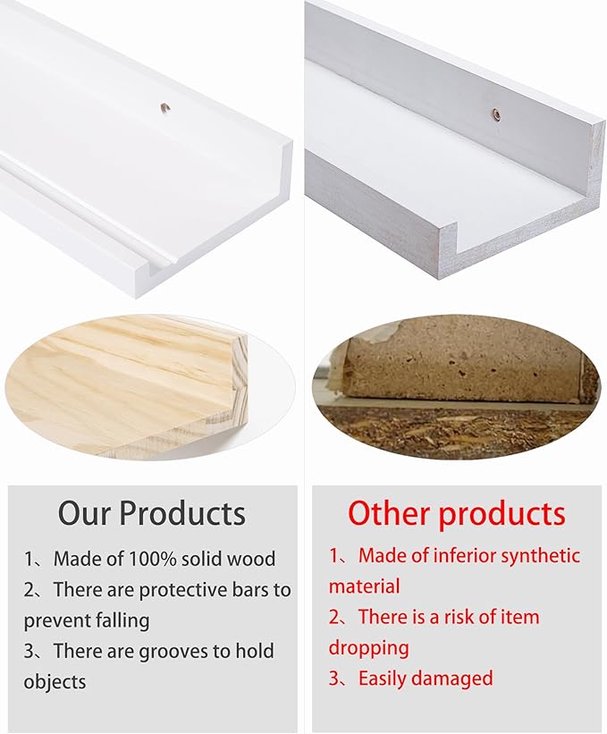 White Floating Shelves for Wall, 24 Inch Wall Mounted Shelf for Bedroom, Picture Ledge Shelf Pine Wood, Photo Shelves Set of 2, Nursery Book Shelves for Laundry Room Living Room kIitchen Bathroom